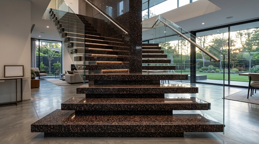 Cateye granite staircase in a double-height interior