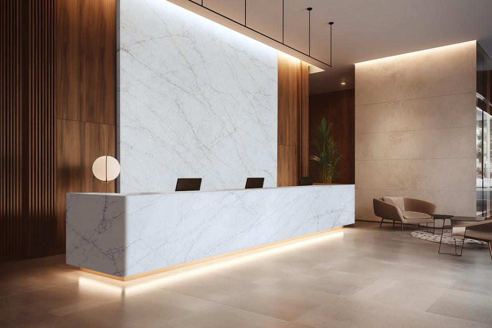 White quartz reception desk and feature wall